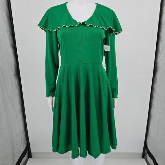 Vintage 1970s Kelly Green Capelet Collar Fit and Flare Storybook Dress (6/S)