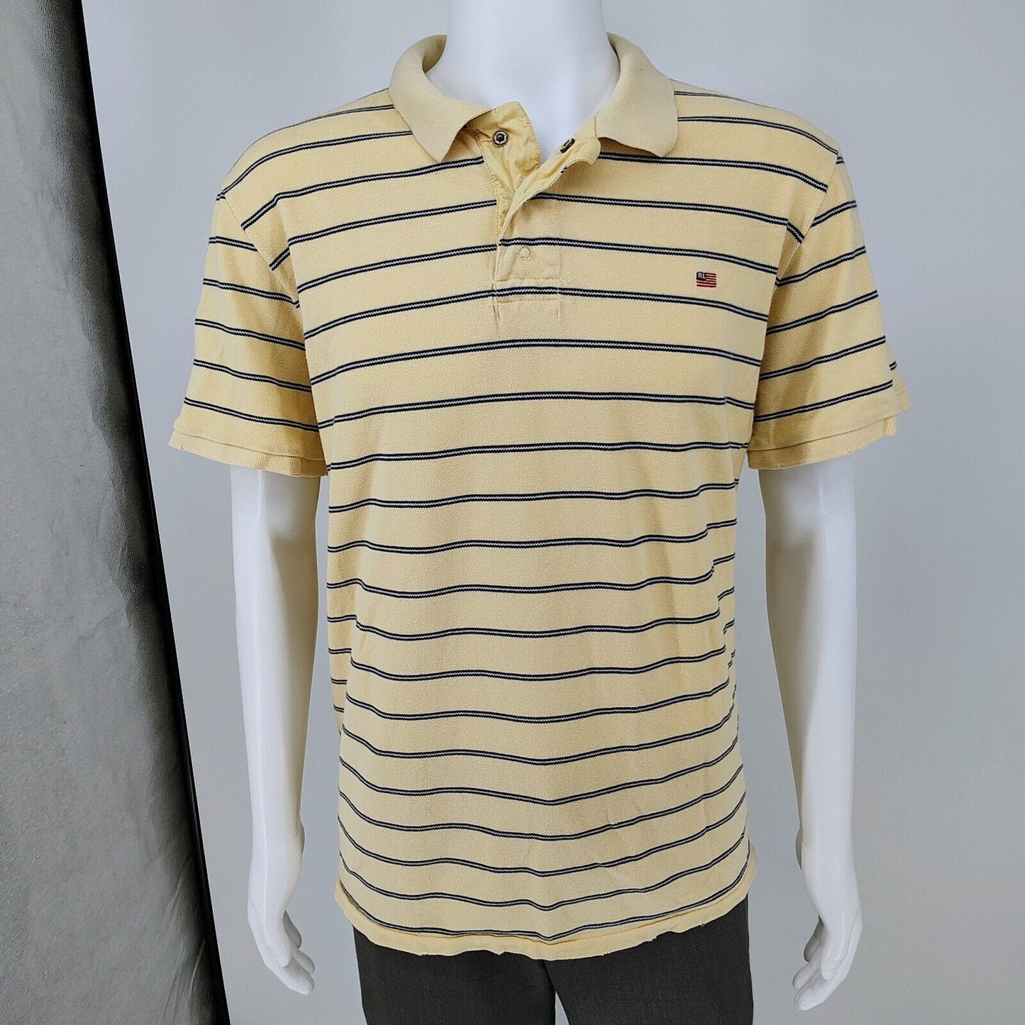 Vintage 1990s Polo Jeans Co. Ralph Lauren Snap Button Yellow Striped Polo (XXL)