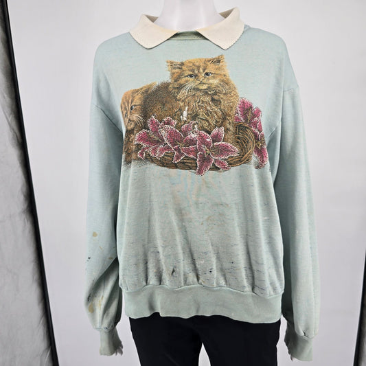 Distressed Vintage 1990s Women's Kitten Graphic Collared Sweatshirt (L/XL)