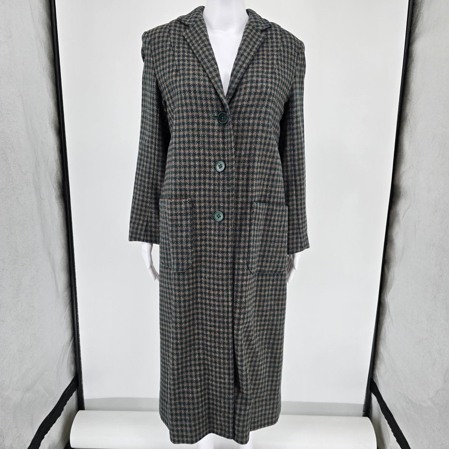 Vintage 1970s Unbranded Women's Gun Club Check Tweed Long Duster Coat (M)