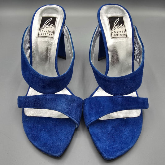 Vintage 1990s Bis Charles Jourdan Colbalt Suede Flared Heel Mule Sandals (7M)