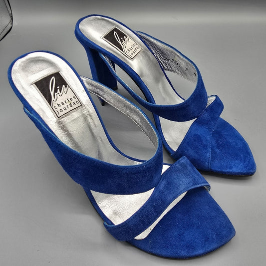 Vintage 1990s Bis Charles Jourdan Colbalt Suede Flared Heel Mule Sandals (7M)