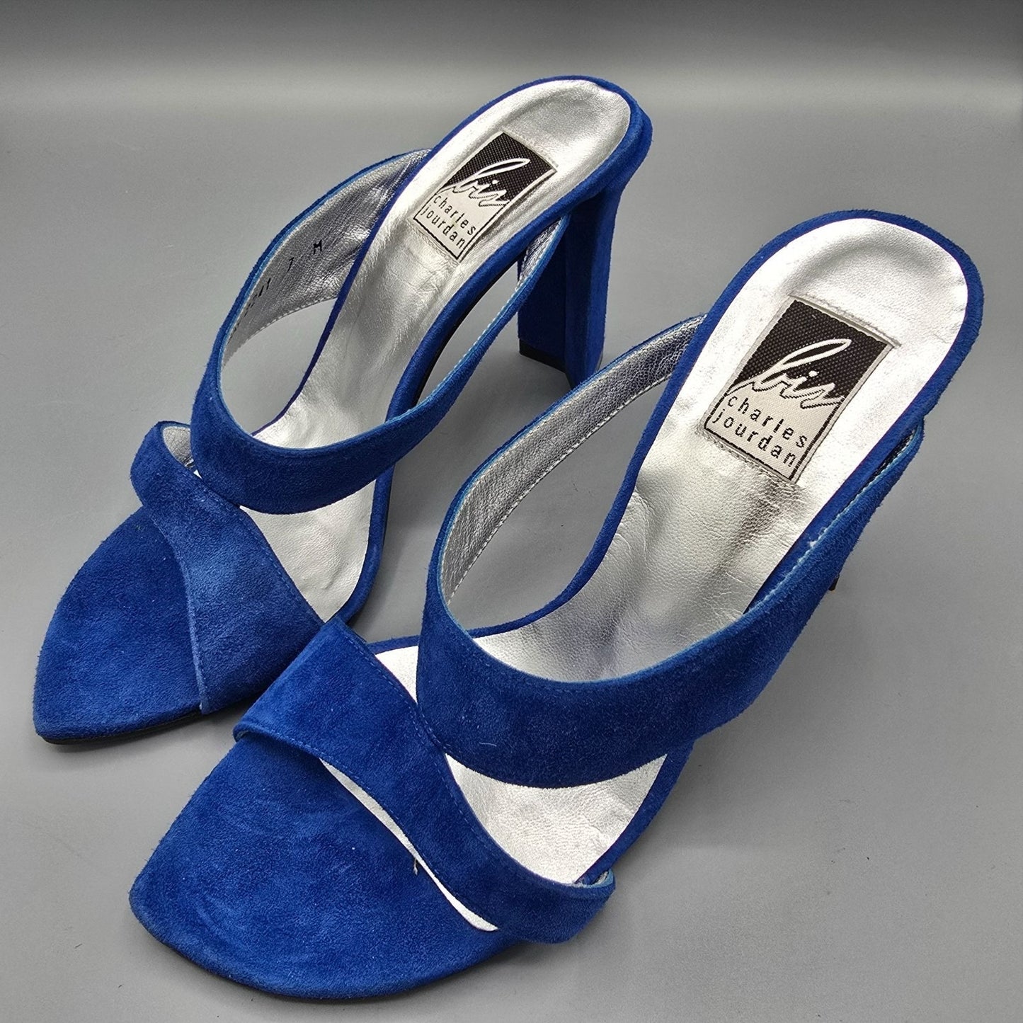 Vintage 1990s Bis Charles Jourdan Colbalt Suede Flared Heel Mule Sandals (7M)