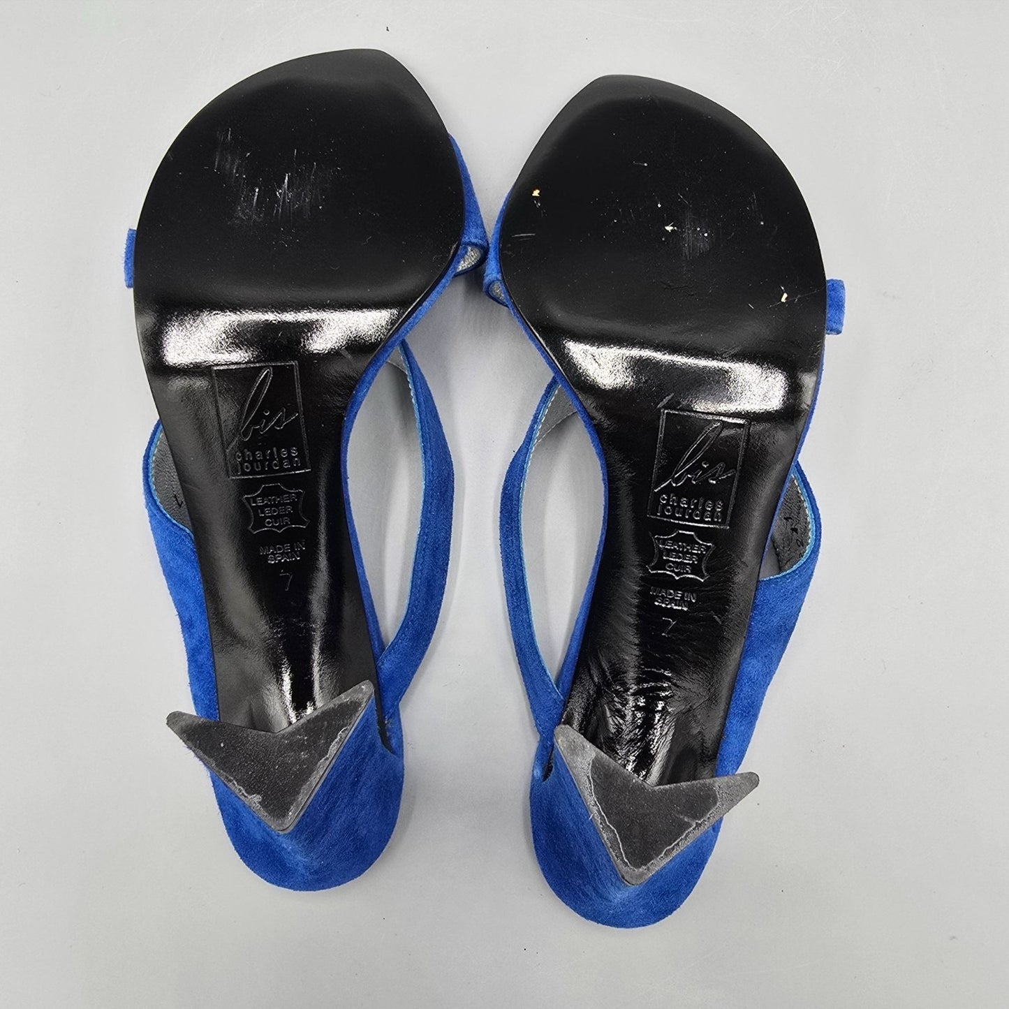 Vintage 1990s Bis Charles Jourdan Colbalt Suede Flared Heel Mule Sandals (7M)