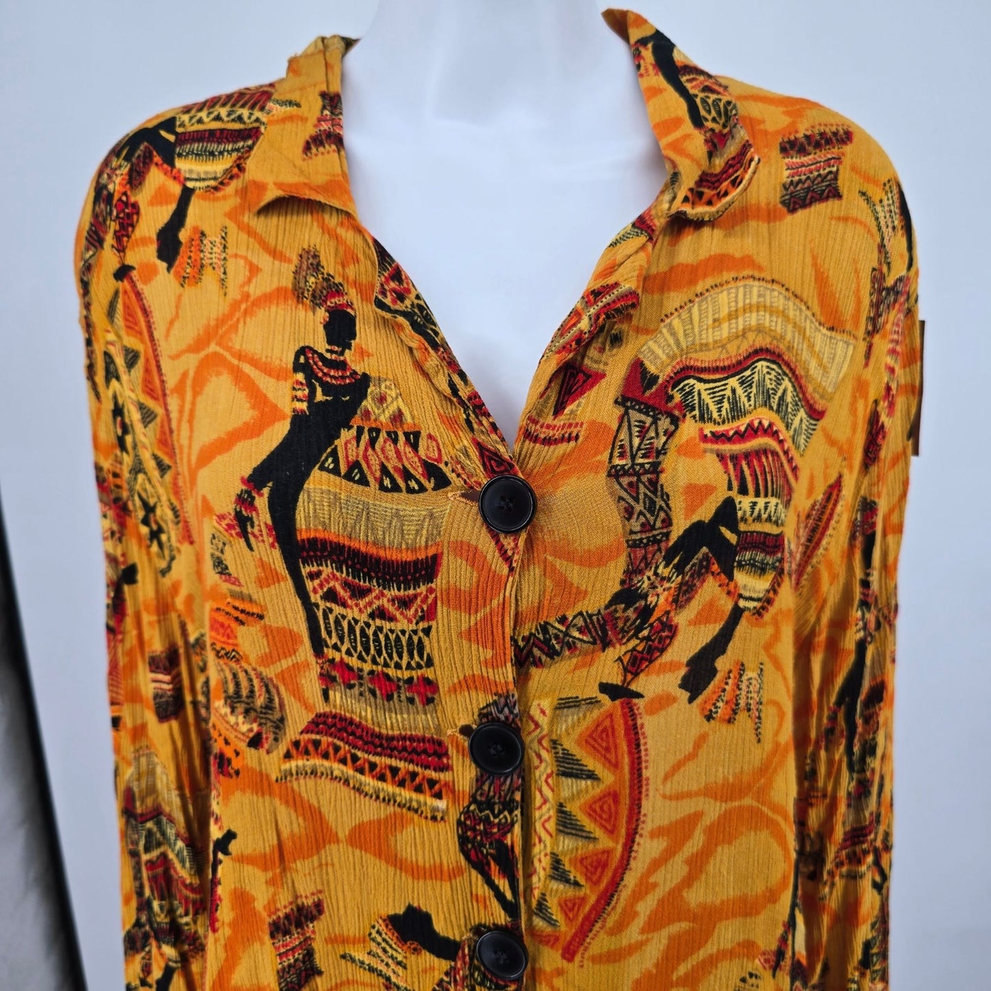 Vintage 1990s Luxe Noir by Lucerne Labidou Rayon Crinkle African Print Dress (M)