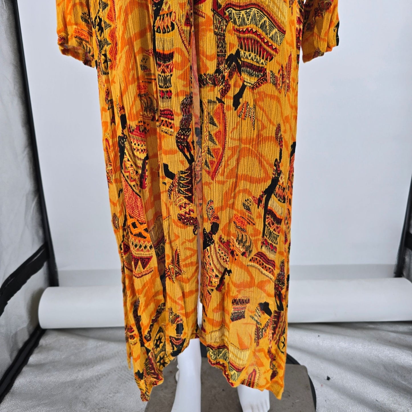 Vintage 1990s Luxe Noir by Lucerne Labidou Rayon Crinkle African Print Dress (M)