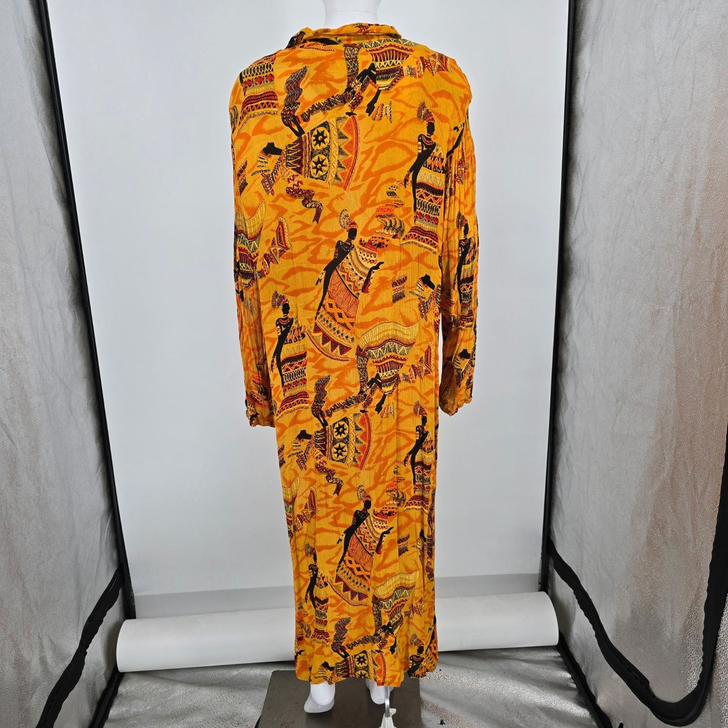Vintage 1990s Luxe Noir by Lucerne Labidou Rayon Crinkle African Print Dress (M)