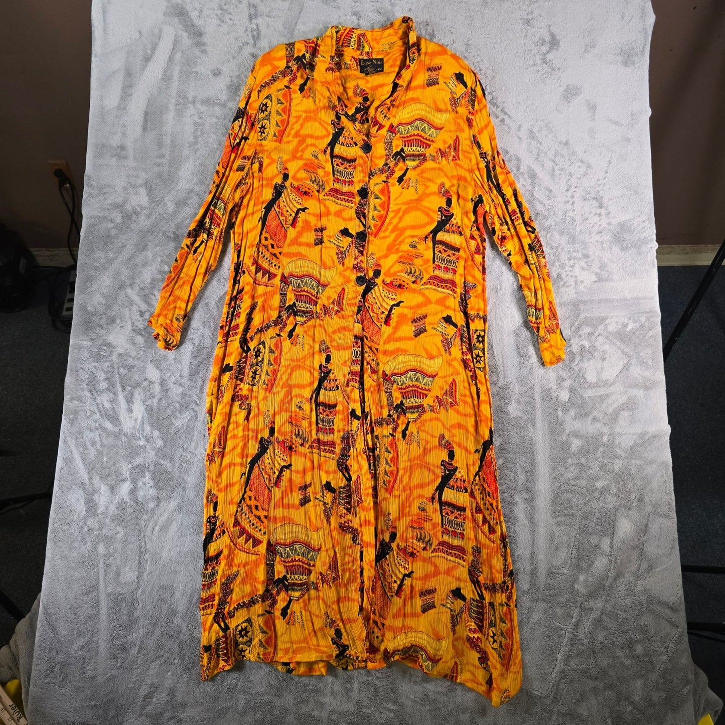Vintage 1990s Luxe Noir by Lucerne Labidou Rayon Crinkle African Print Dress (M)