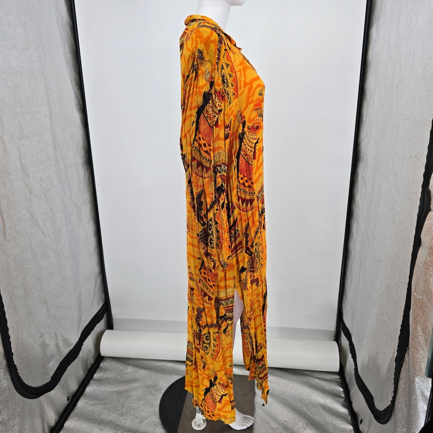 Vintage 1990s Luxe Noir by Lucerne Labidou Rayon Crinkle African Print Dress (M)