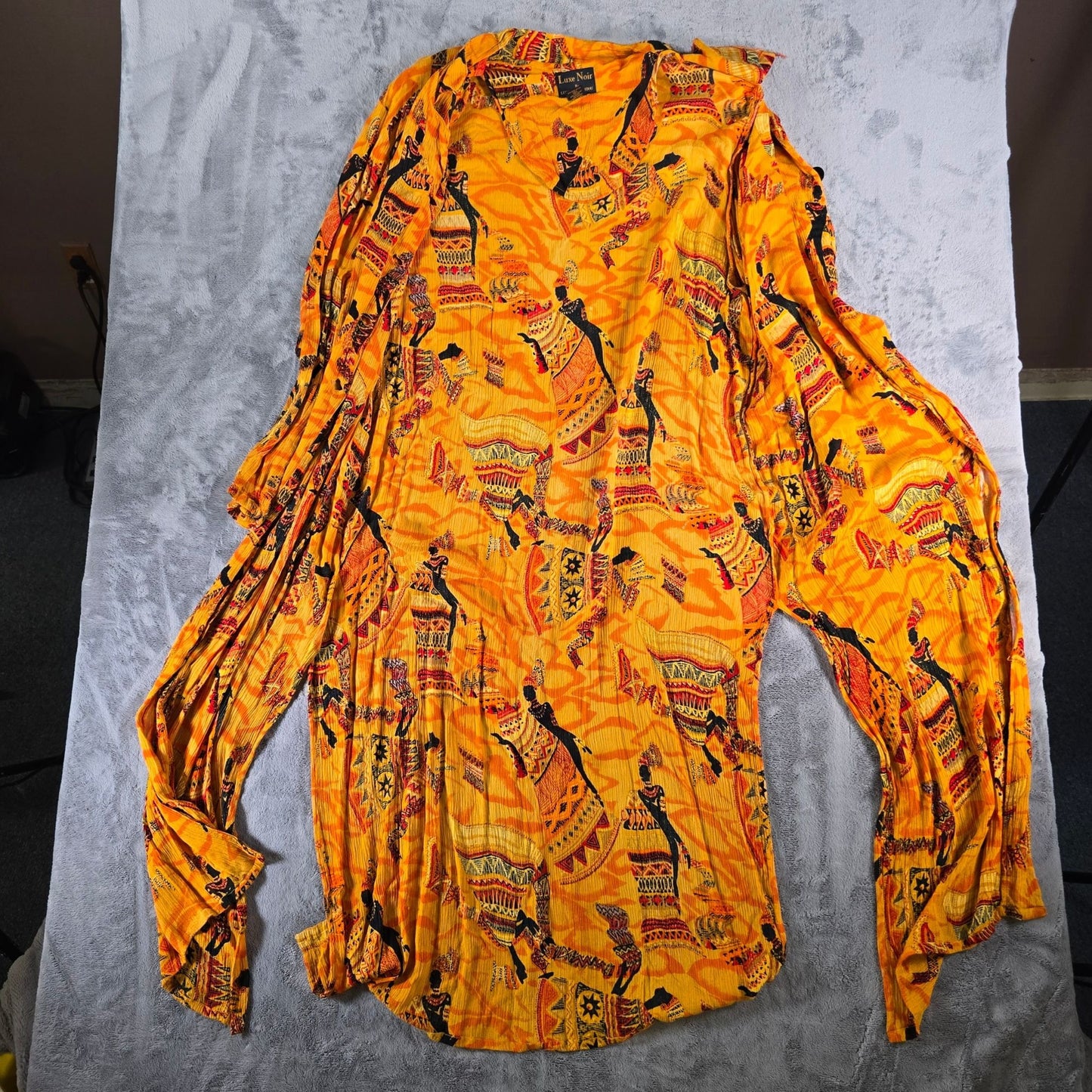Vintage 1990s Luxe Noir by Lucerne Labidou Rayon Crinkle African Print Dress (M)