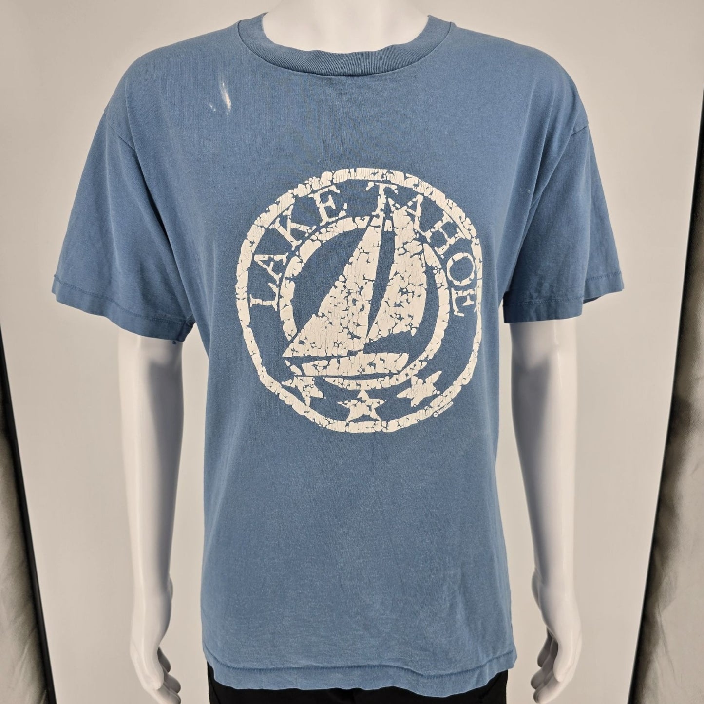Distressed Vintage 1990s Anvil Blue Lake Tahoe Sailboat Graphic T-Shirt (XL)