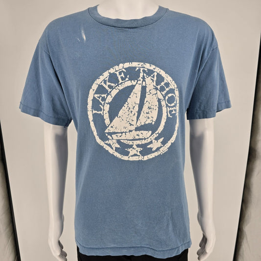 Distressed Vintage 1990s Anvil Blue Lake Tahoe Sailboat Graphic T-Shirt (XL)
