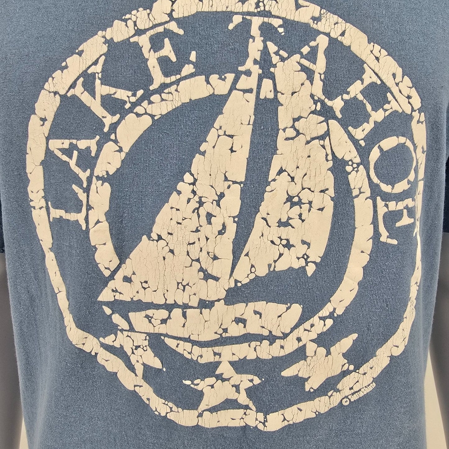 Distressed Vintage 1990s Anvil Blue Lake Tahoe Sailboat Graphic T-Shirt (XL)