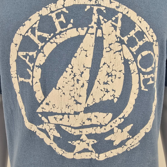 Distressed Vintage 1990s Anvil Blue Lake Tahoe Sailboat Graphic T-Shirt (XL)