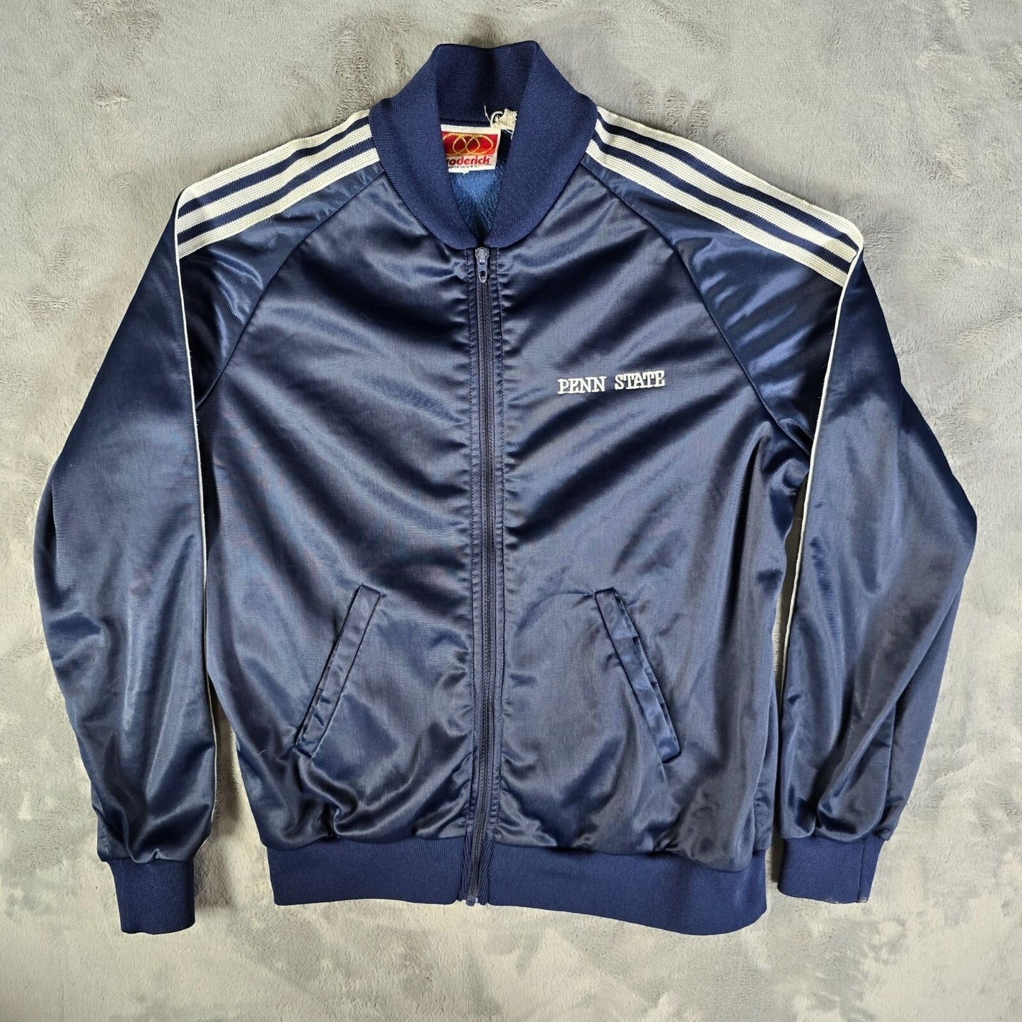 Vintage 1980s Broderick Penn State Talon Zipper Navy Track Jacket (Medium)