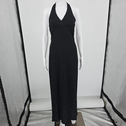 Vintage Y2K City Triangles Black Glitter Open back Halter Maxi Prom Dress (S)
