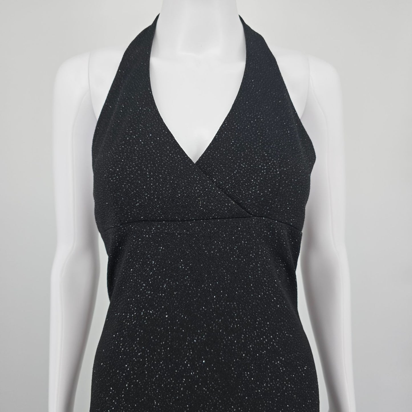 Vintage Y2K City Triangles Black Glitter Open back Halter Maxi Prom Dress (S)