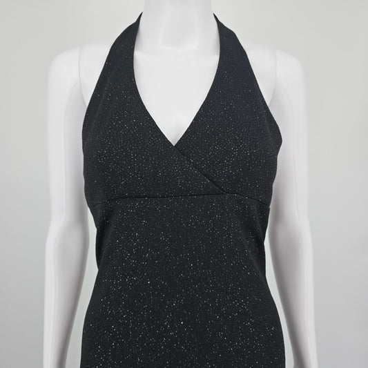 Vintage Y2K City Triangles Black Glitter Open back Halter Maxi Prom Dress (S)