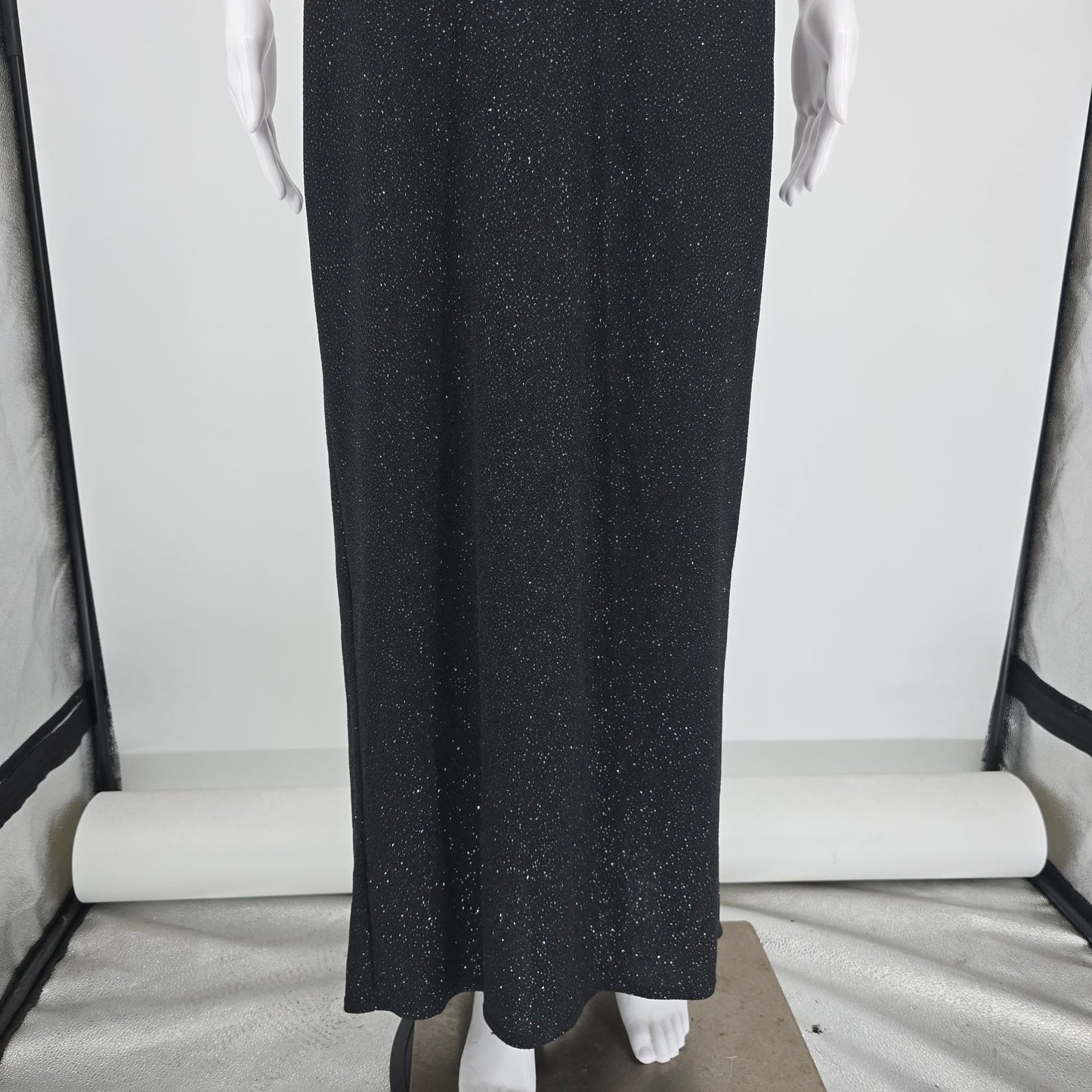Vintage Y2K City Triangles Black Glitter Open back Halter Maxi Prom Dress (S)