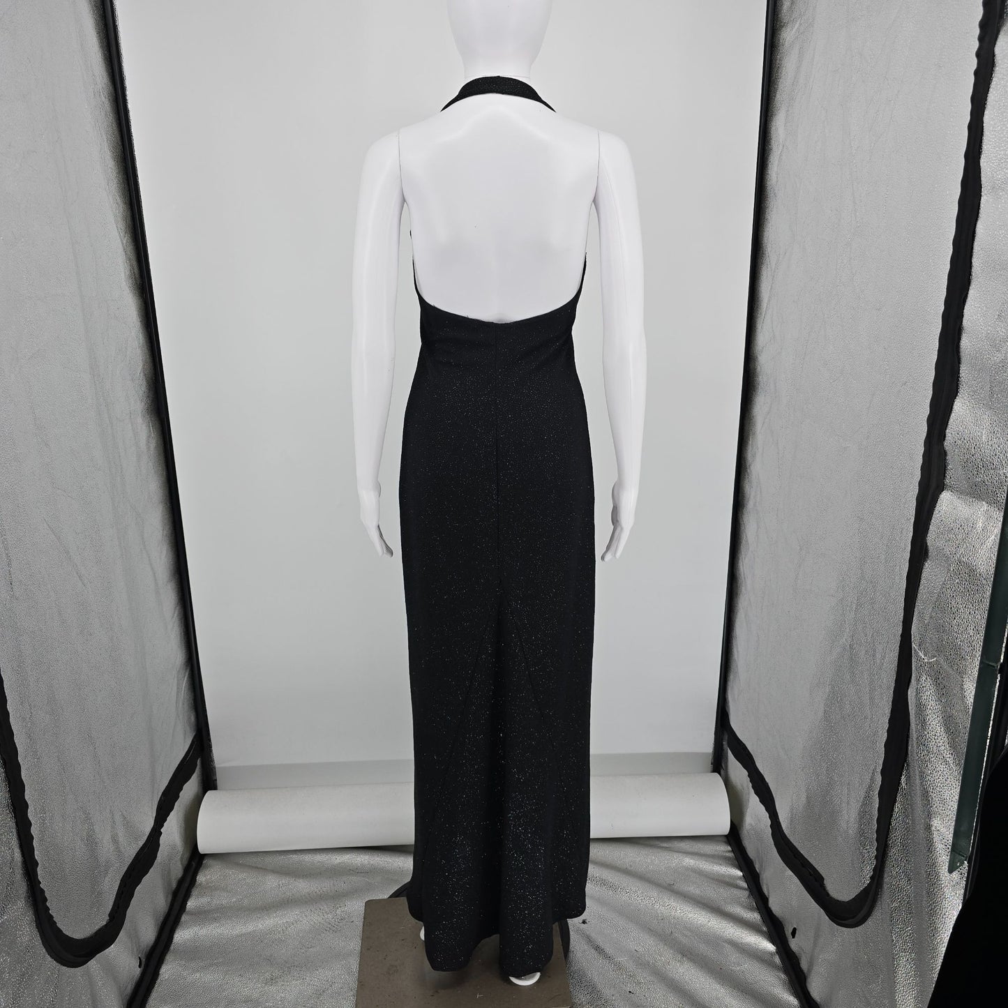 Vintage Y2K City Triangles Black Glitter Open back Halter Maxi Prom Dress (S)