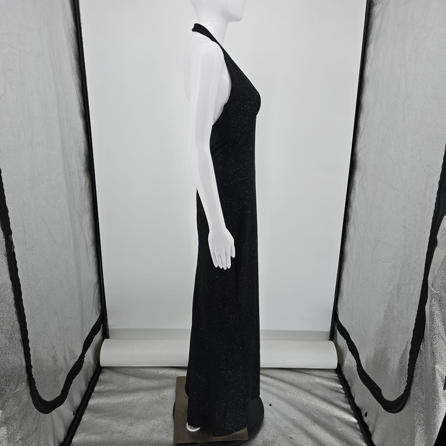 Vintage Y2K City Triangles Black Glitter Open back Halter Maxi Prom Dress (S)