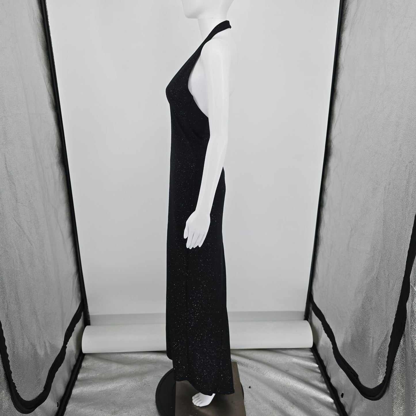 Vintage Y2K City Triangles Black Glitter Open back Halter Maxi Prom Dress (S)