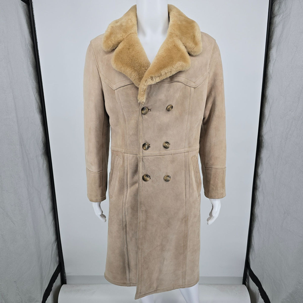 Vintage 1970s C&A Suede Shearling Double-breasted Heavy Winter Lammy Coat (S)