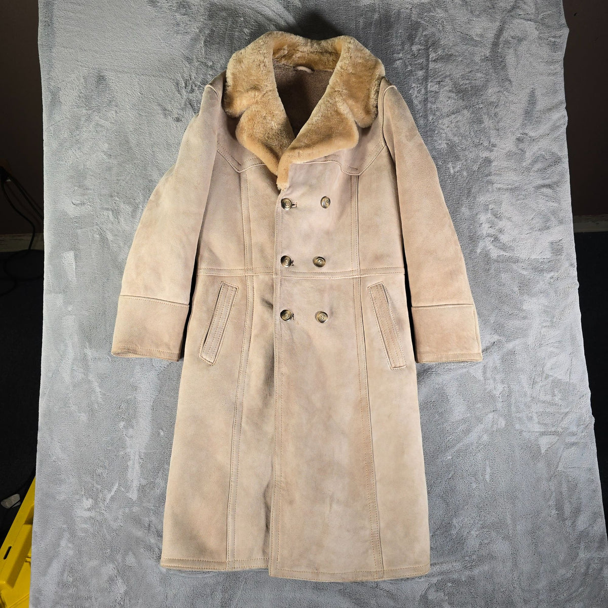 Vintage 1970s C&A Suede Shearling Double-breasted Heavy Winter Lammy Coat (S)