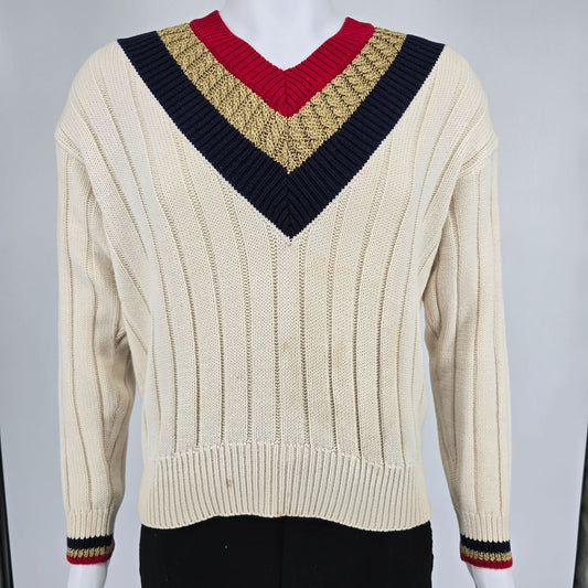 Vintage 1990s First Issue Women's Cable Knit V-Neck Tennis/Cricket Sweater (M)