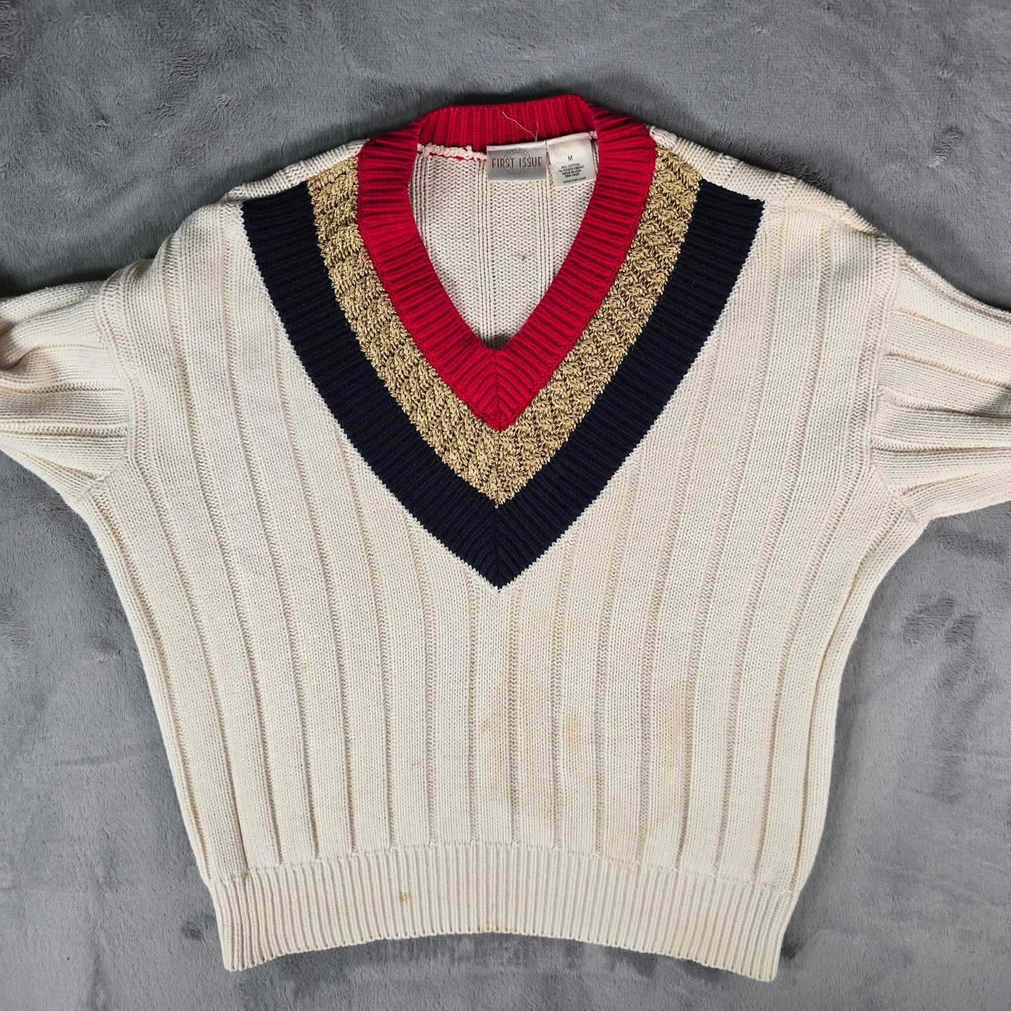 Vintage 1990s First Issue Women's Cable Knit V-Neck Tennis/Cricket Sweater (M)