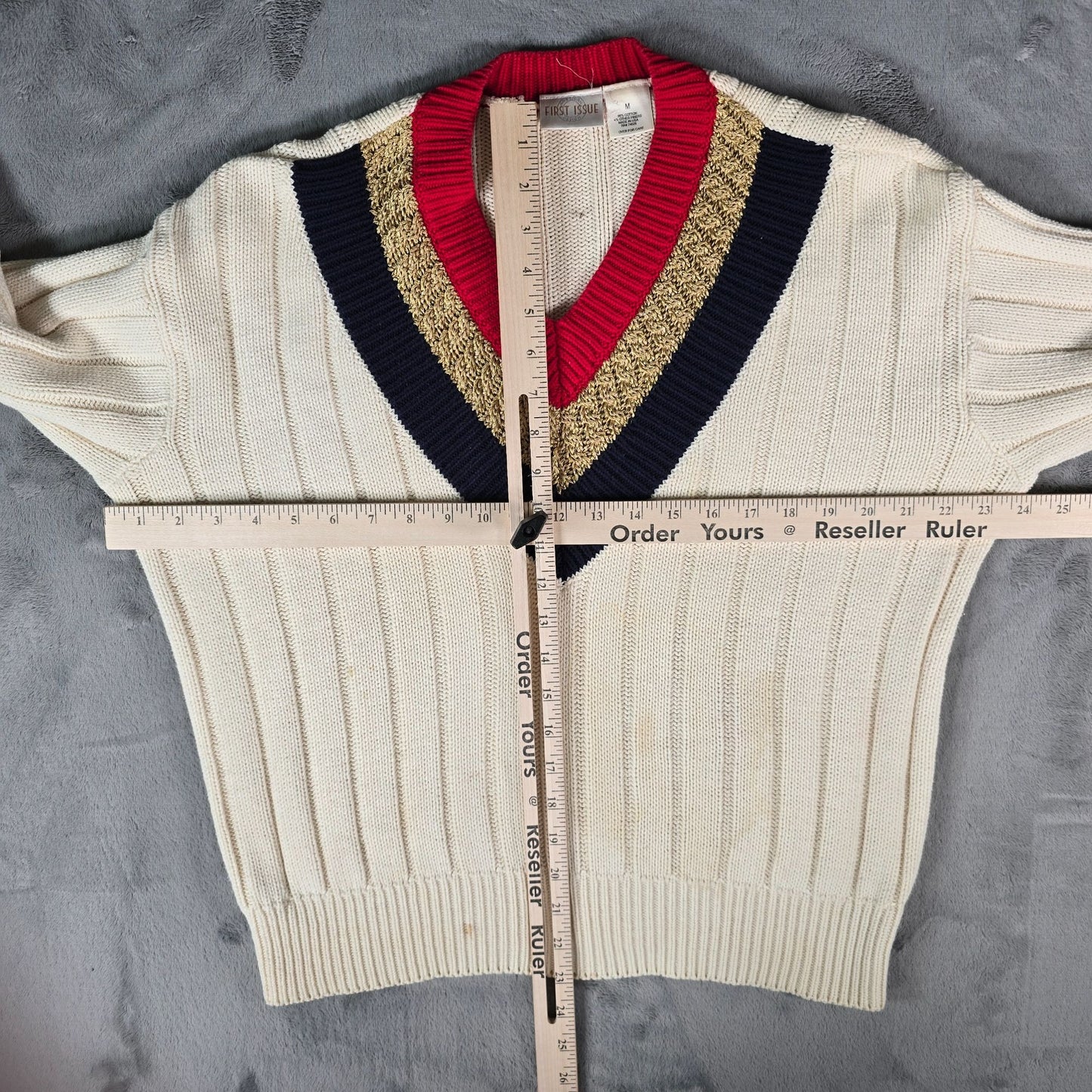 Vintage 1990s First Issue Women's Cable Knit V-Neck Tennis/Cricket Sweater (M)
