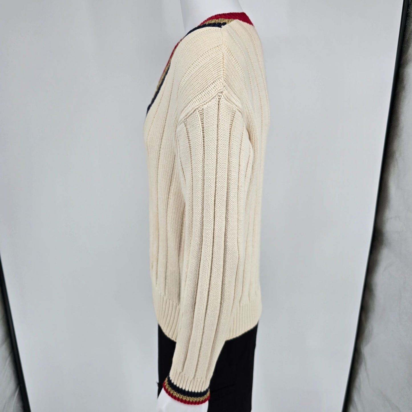 Vintage 1990s First Issue Women's Cable Knit V-Neck Tennis/Cricket Sweater (M)