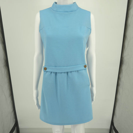 Vintage 1960s Blue Dacron Ribbed Knit Sleeveless Mock Neck Mod Mini Dress (M)