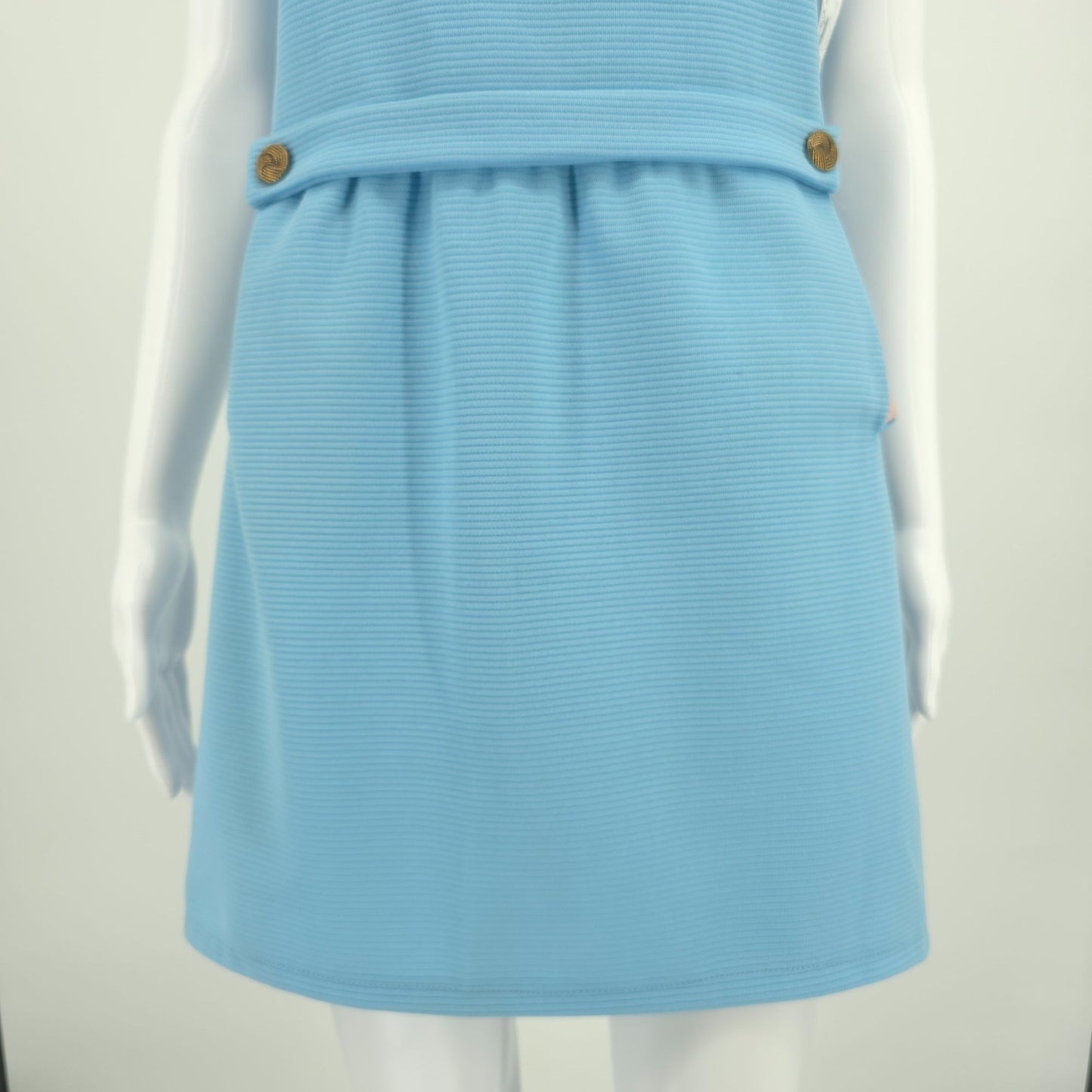 Vintage 1960s Blue Dacron Ribbed Knit Sleeveless Mock Neck Mod Mini Dress (M)