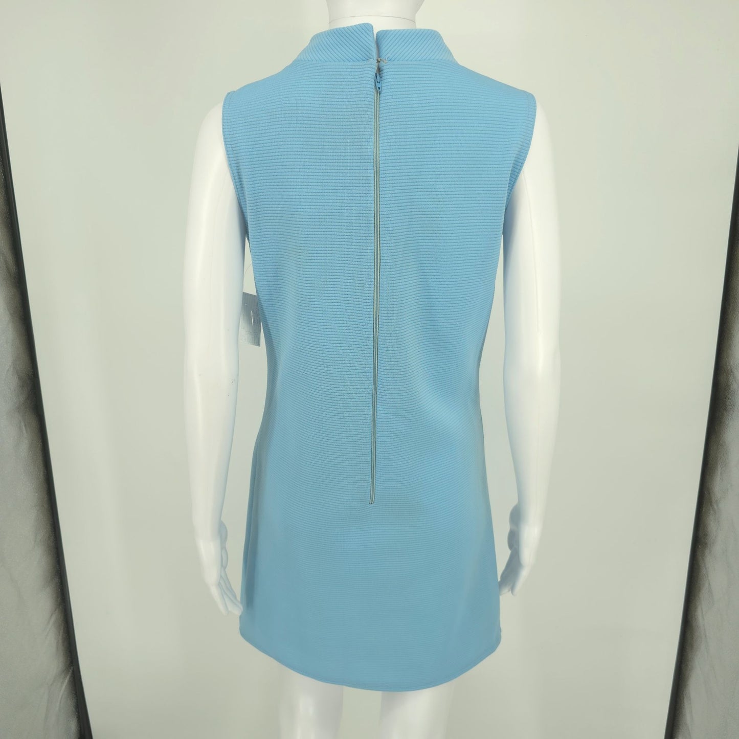 Vintage 1960s Blue Dacron Ribbed Knit Sleeveless Mock Neck Mod Mini Dress (M)