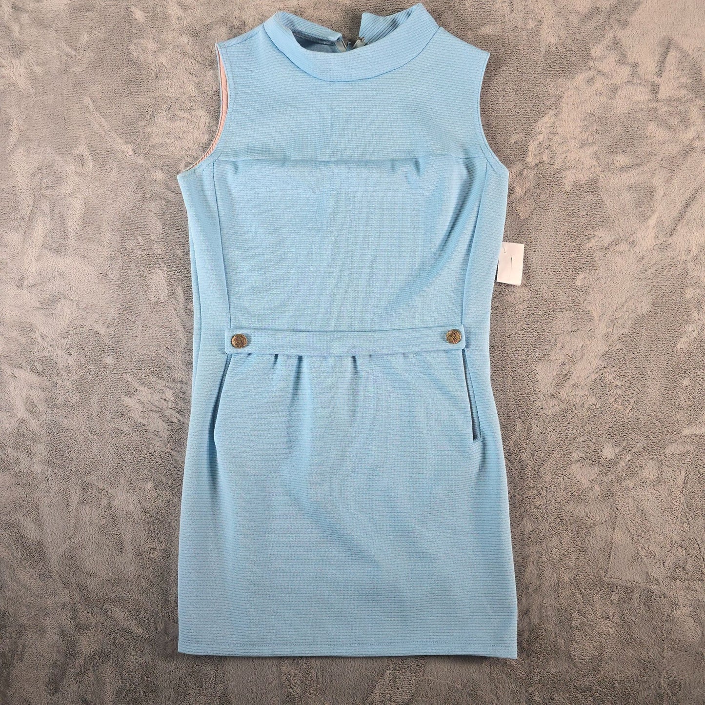 Vintage 1960s Blue Dacron Ribbed Knit Sleeveless Mock Neck Mod Mini Dress (M)