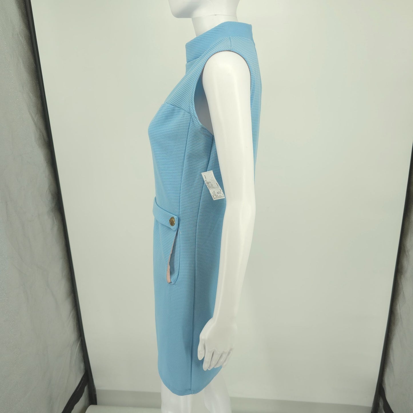 Vintage 1960s Blue Dacron Ribbed Knit Sleeveless Mock Neck Mod Mini Dress (M)
