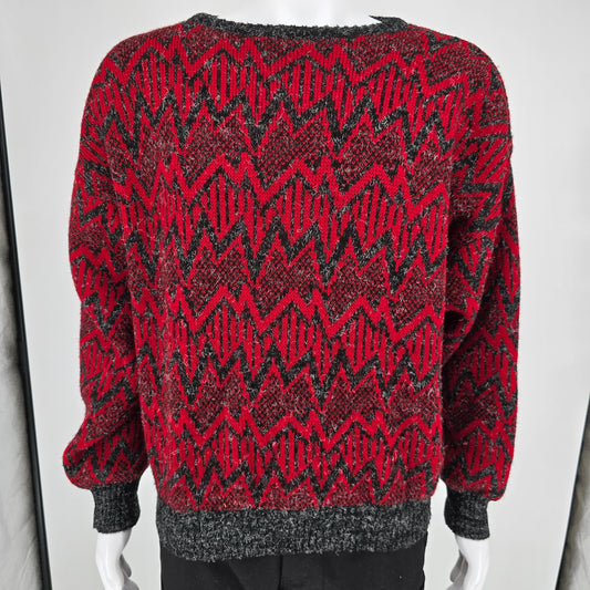 Vintage 1980s Men's Store Made in Italy Fuzzy Red/Black Zigzag Sweater (XL)