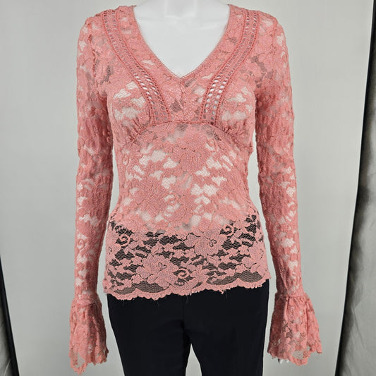 Vintage Y2K Moda International Victoria's Secret Pink Lace Bell Sleeve Top (S)