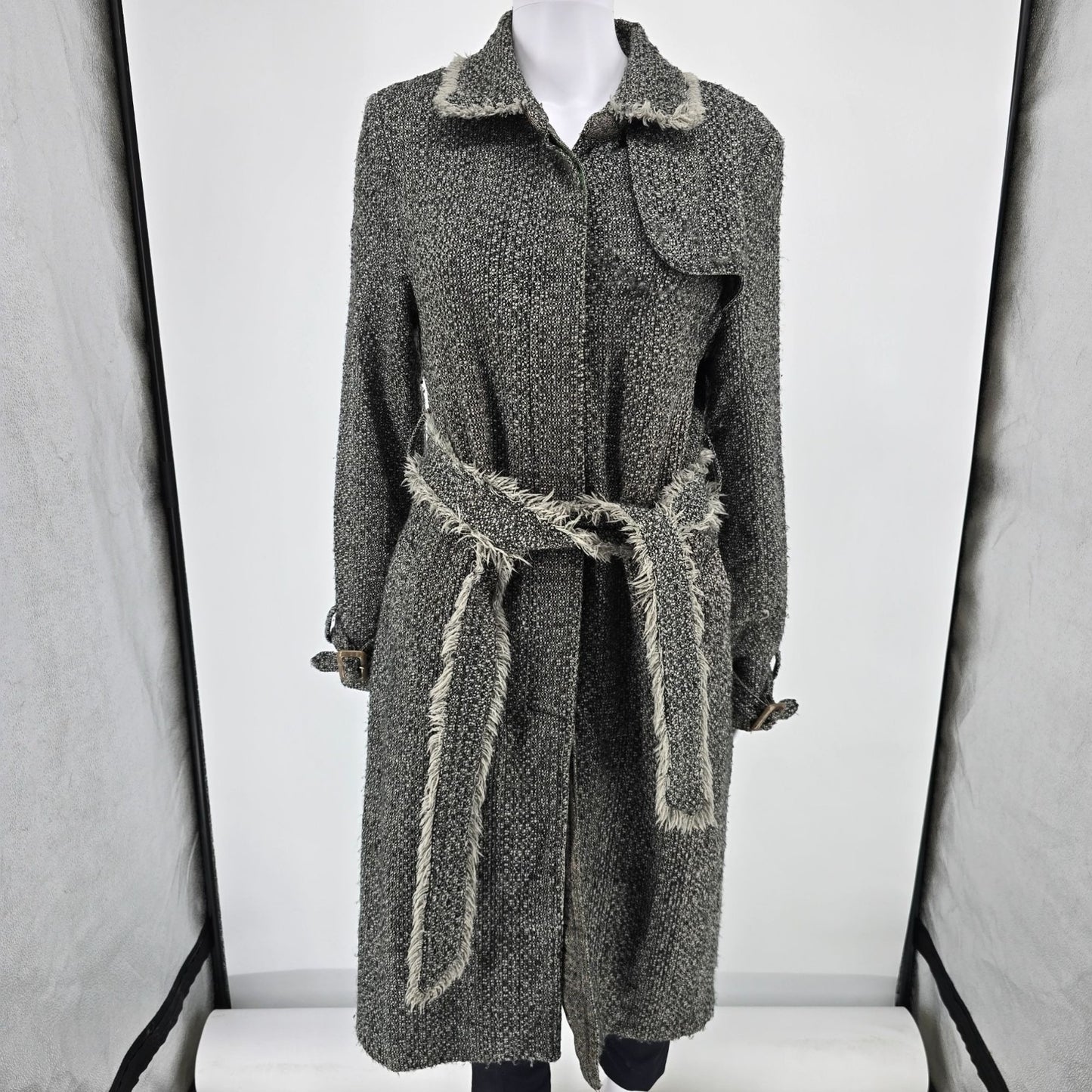 Vintage Y2K True Meaning Womens Boho Raw Edge Bouclé Belted Gray Long Coat (L)