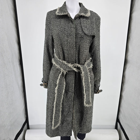 Vintage Y2K True Meaning Womens Boho Raw Edge Bouclé Belted Gray Long Coat (L)