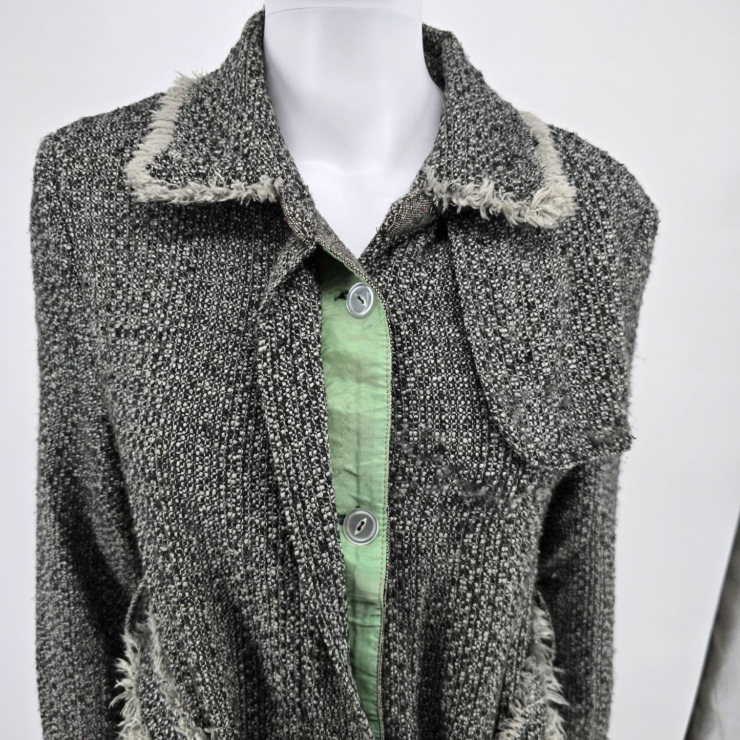 Vintage Y2K True Meaning Womens Boho Raw Edge Bouclé Belted Gray Long Coat (L)