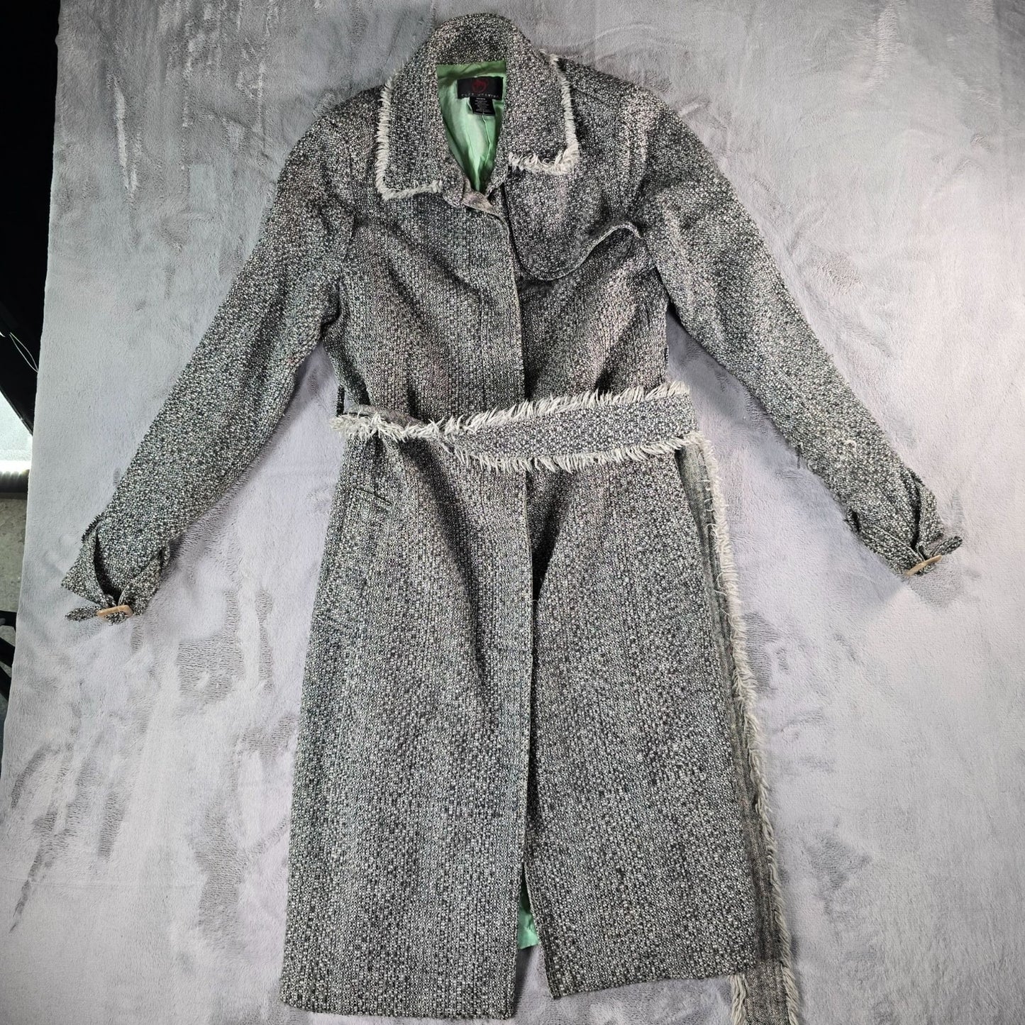 Vintage Y2K True Meaning Womens Boho Raw Edge Bouclé Belted Gray Long Coat (L)