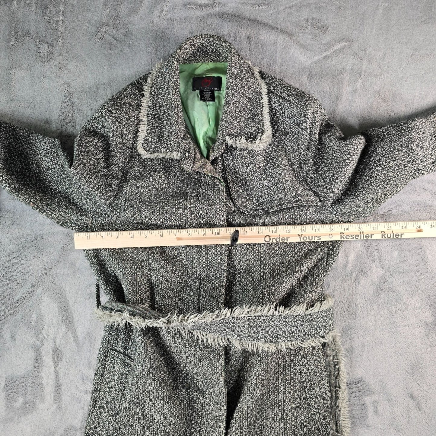 Vintage Y2K True Meaning Womens Boho Raw Edge Bouclé Belted Gray Long Coat (L)