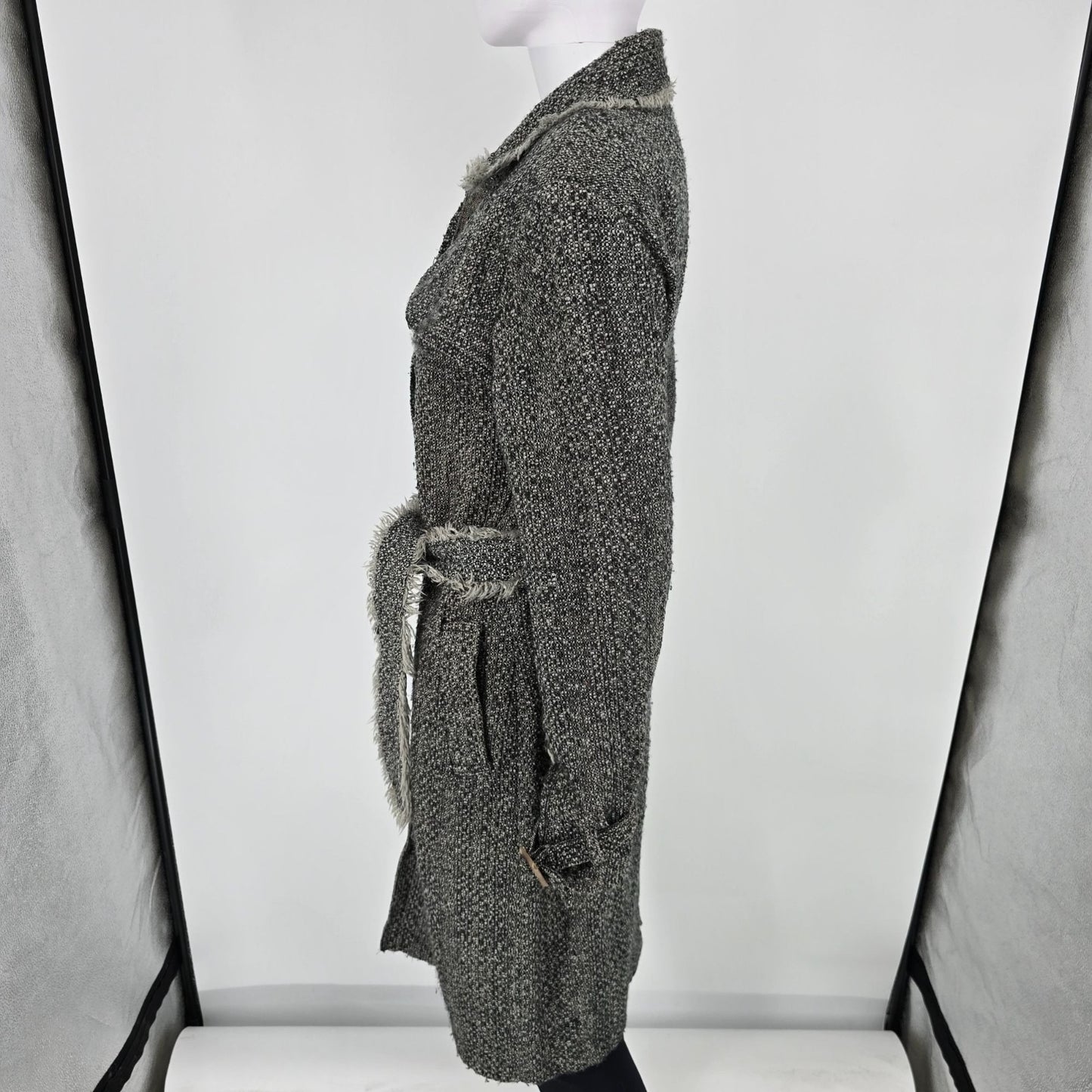 Vintage Y2K True Meaning Womens Boho Raw Edge Bouclé Belted Gray Long Coat (L)
