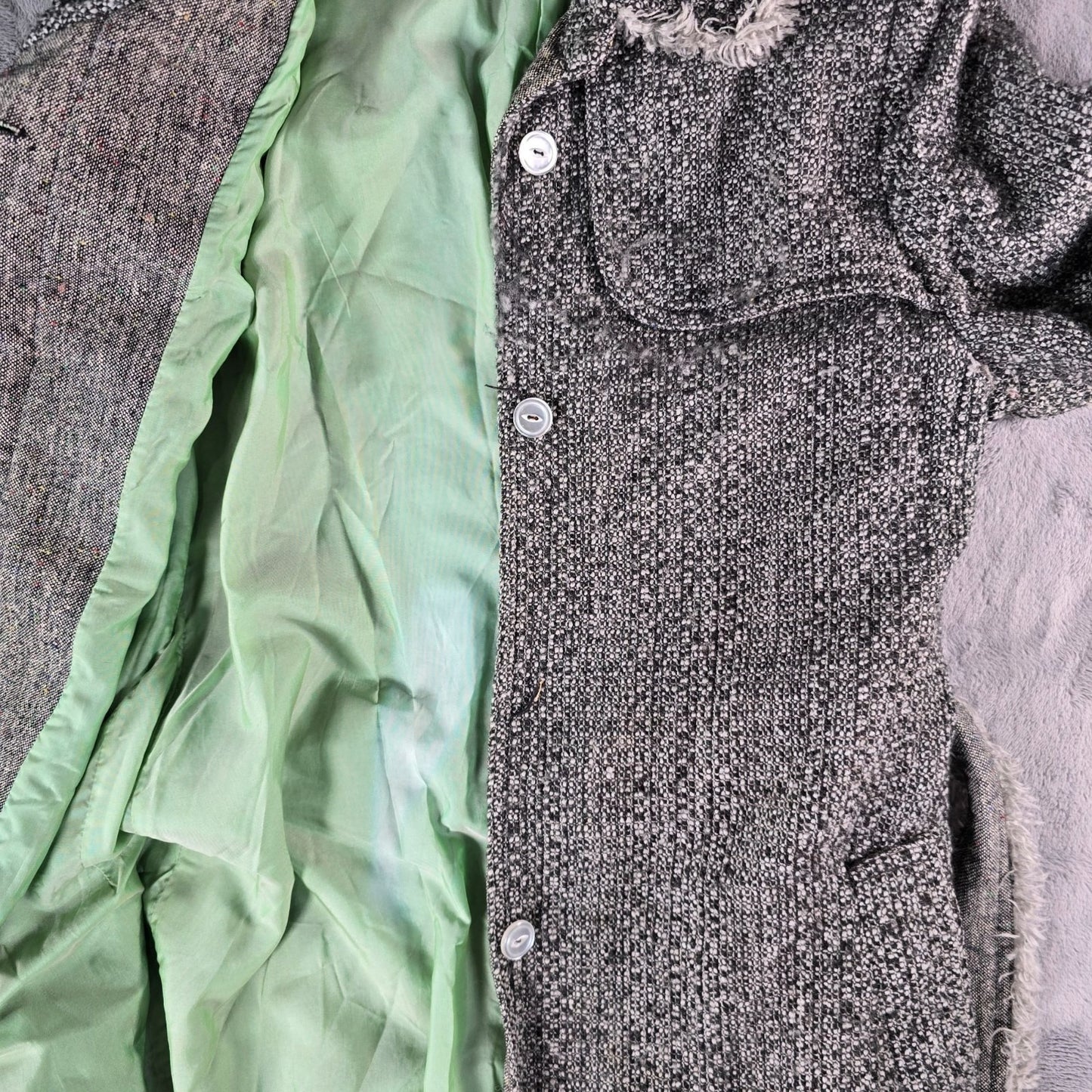 Vintage Y2K True Meaning Womens Boho Raw Edge Bouclé Belted Gray Long Coat (L)