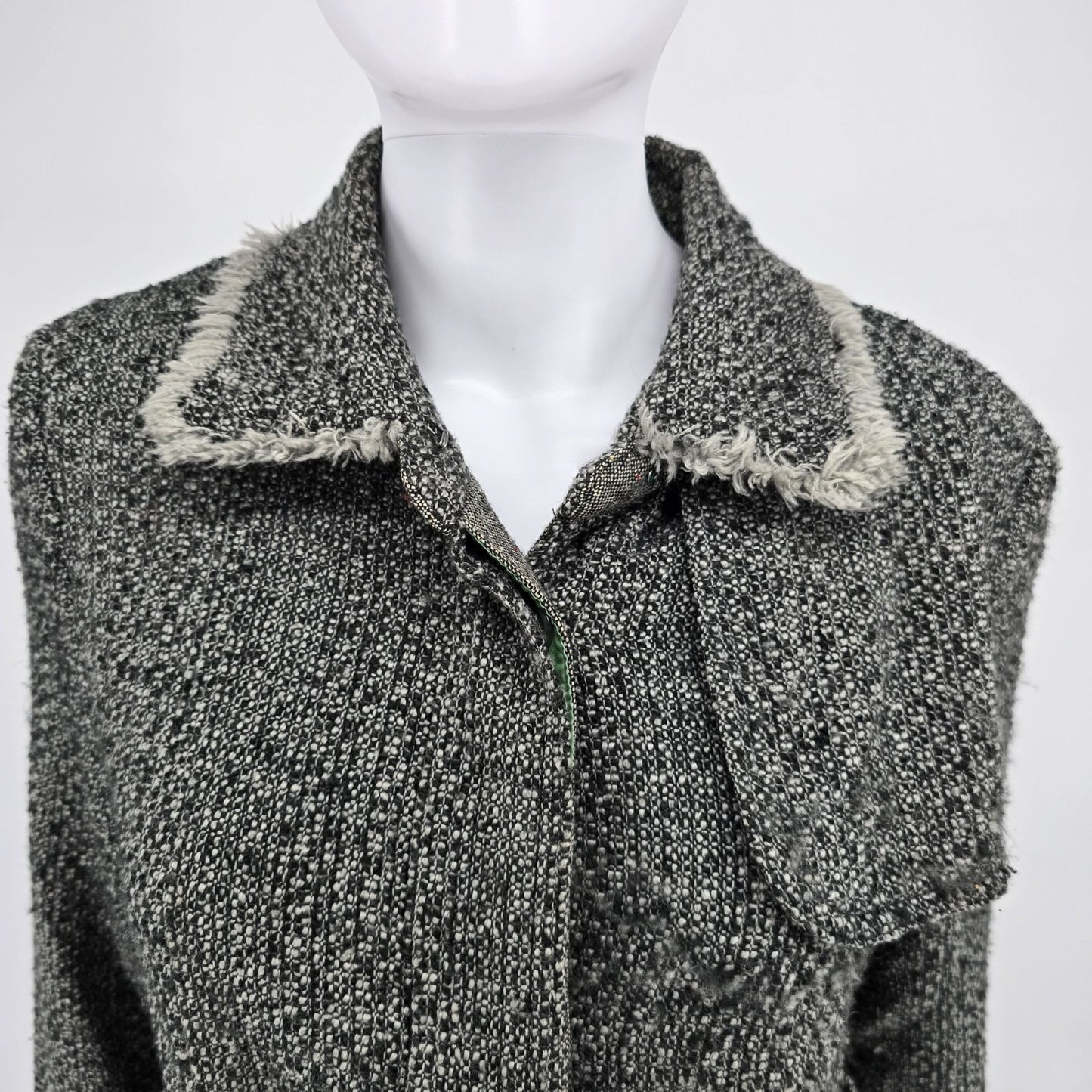 Vintage Y2K True Meaning Womens Boho Raw Edge Bouclé Belted Gray Long Coat (L)