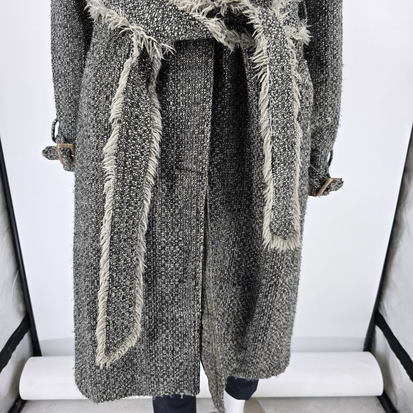 Vintage Y2K True Meaning Womens Boho Raw Edge Bouclé Belted Gray Long Coat (L)