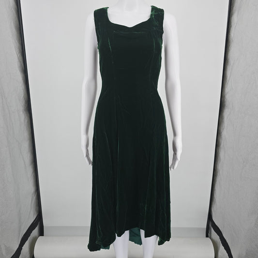 Vintage 1970s Deep Forest Green Velvet High Low Sleeveless Holiday Dress (XS)