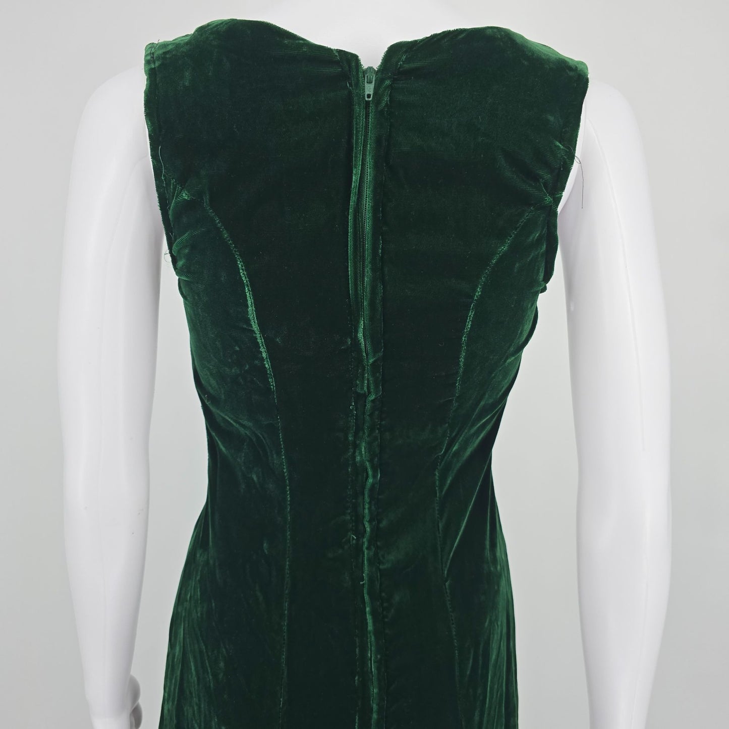 Vintage 1970s Deep Forest Green Velvet High Low Sleeveless Holiday Dress (XS)